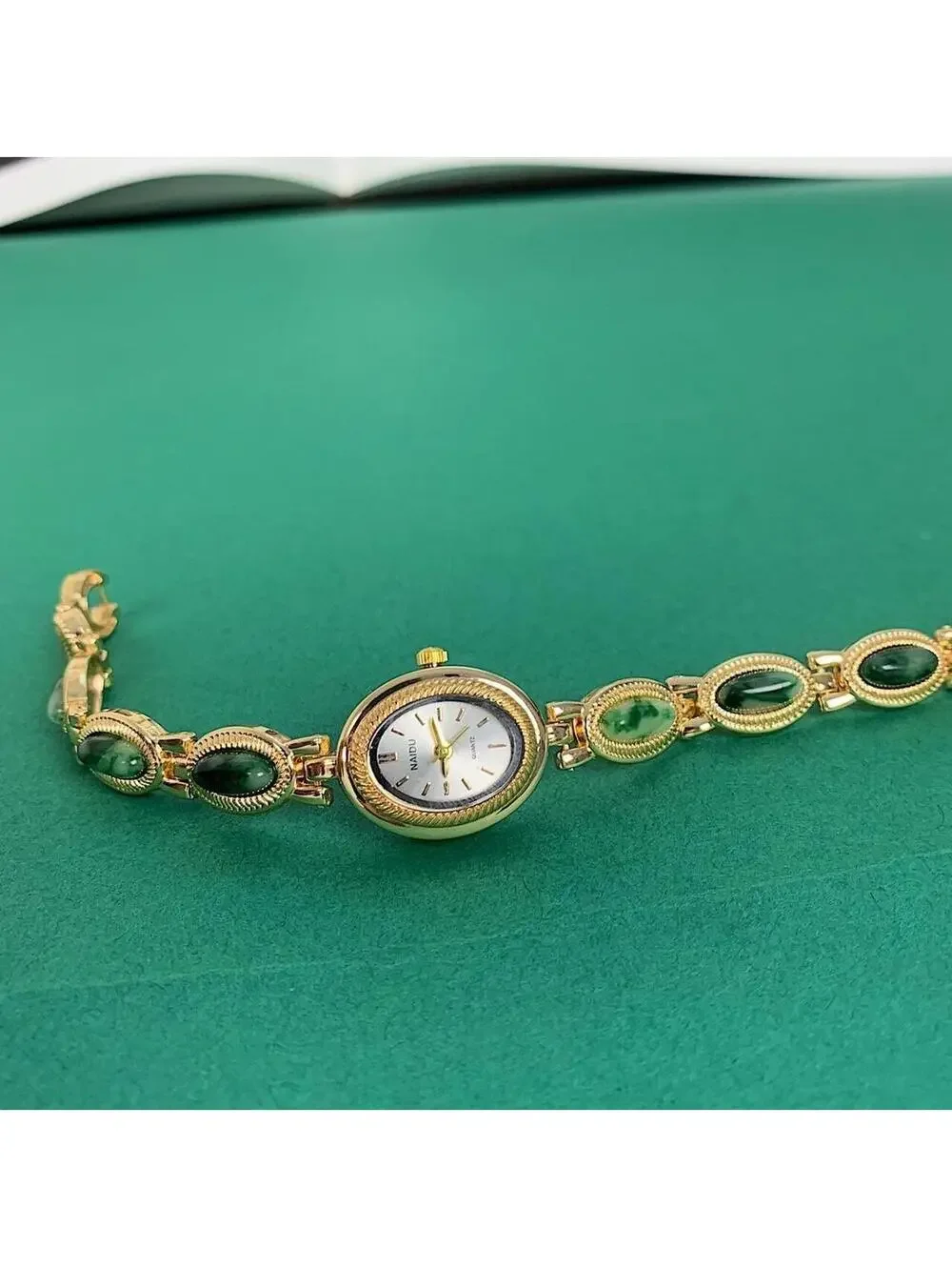 Y2K Gold Green Dainty Quartz Opal Jade Watch 8 Inch Unisex